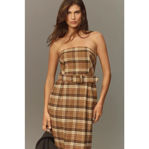 NWT Anthropologie Strapless Belted Midi Dress $178 SIZE 6 Brown PLAID Wool - Picture 3 of 5